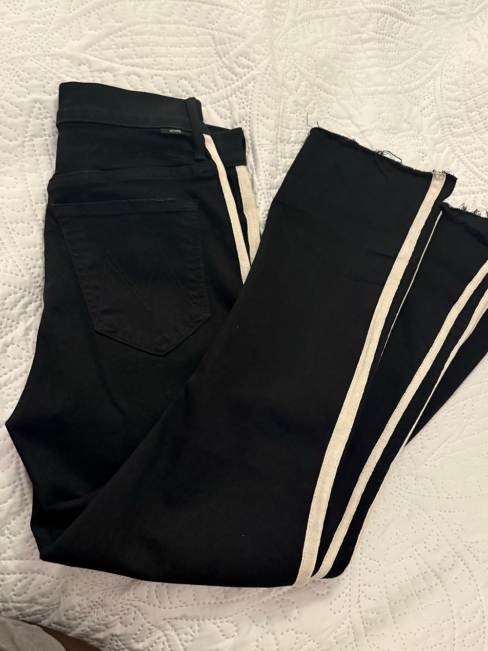 MOTHER Insider Crop Step Fray Jeans 27 Guilty Racer Black Side Stripe Raw Hem - Picture 10 of 13